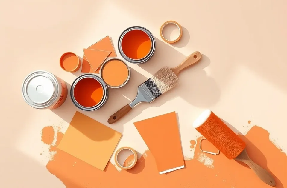 Pots de peinture, nuancier, brosses et rouleaux disposés à plat