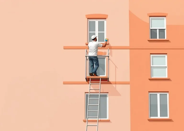 Peintre sur échafaudage traitant la façade d'une maison