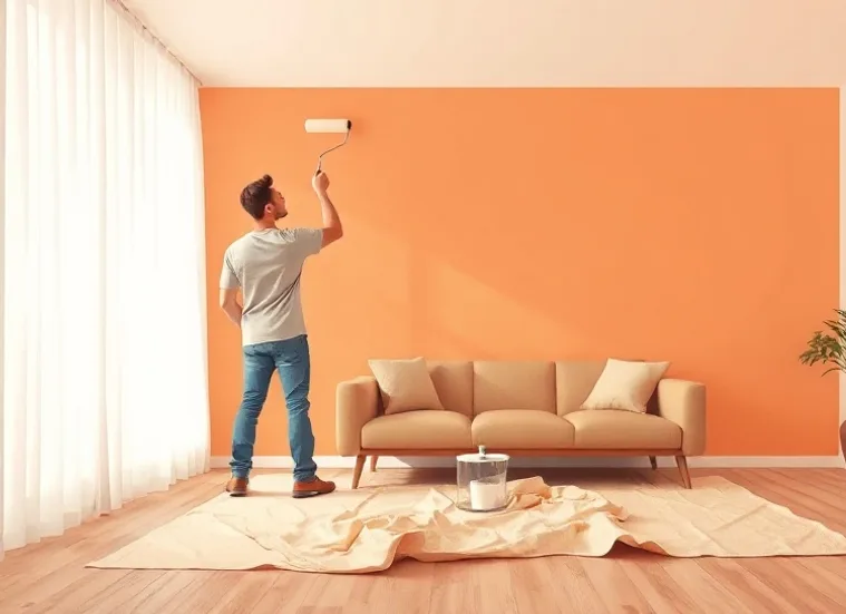 Peintre appliquant la peinture au rouleau sur un mur de salon